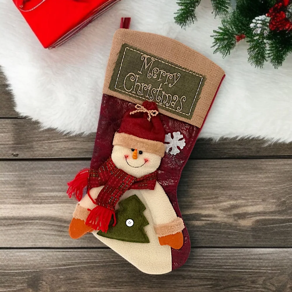 3D Snowman‎ Plush Christmas Stocking Felt Merry Christmas Embroidery Farmhouse